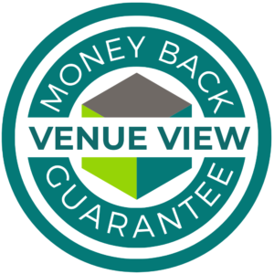 A logo showing the venue view money back guarantee as they are the only virtual tour company to offer this